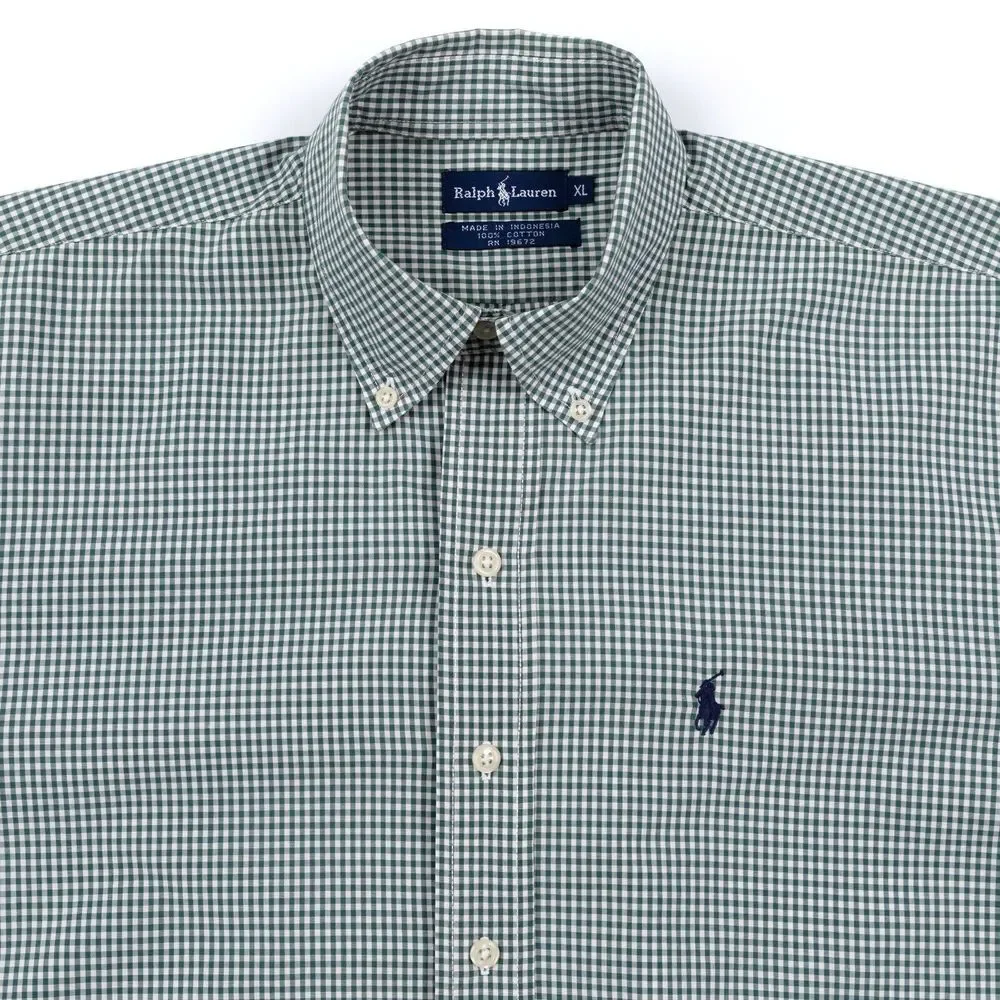Vtg Polo Ralph Lauren Shirt Mens XL‎ Green Plaid Gingham Check Button Down EUC